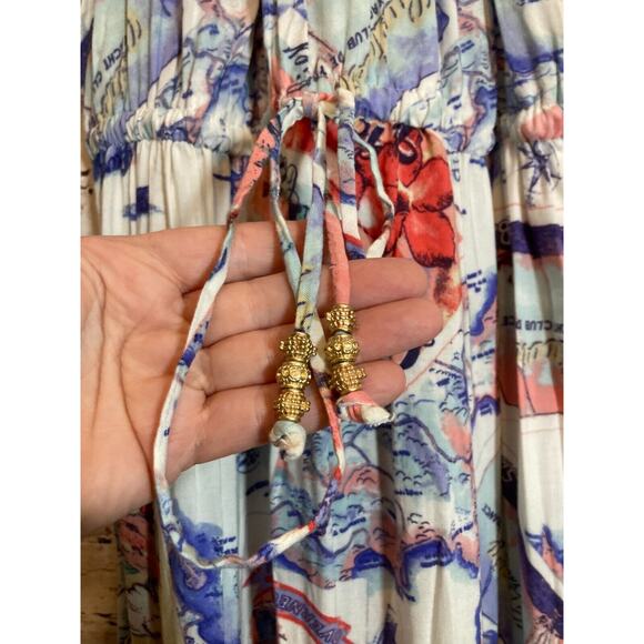 Peter Som Maxi Dress Womens Medium Blue Carribean Beach Scene Tie Back Halter - Picture 4 of 16